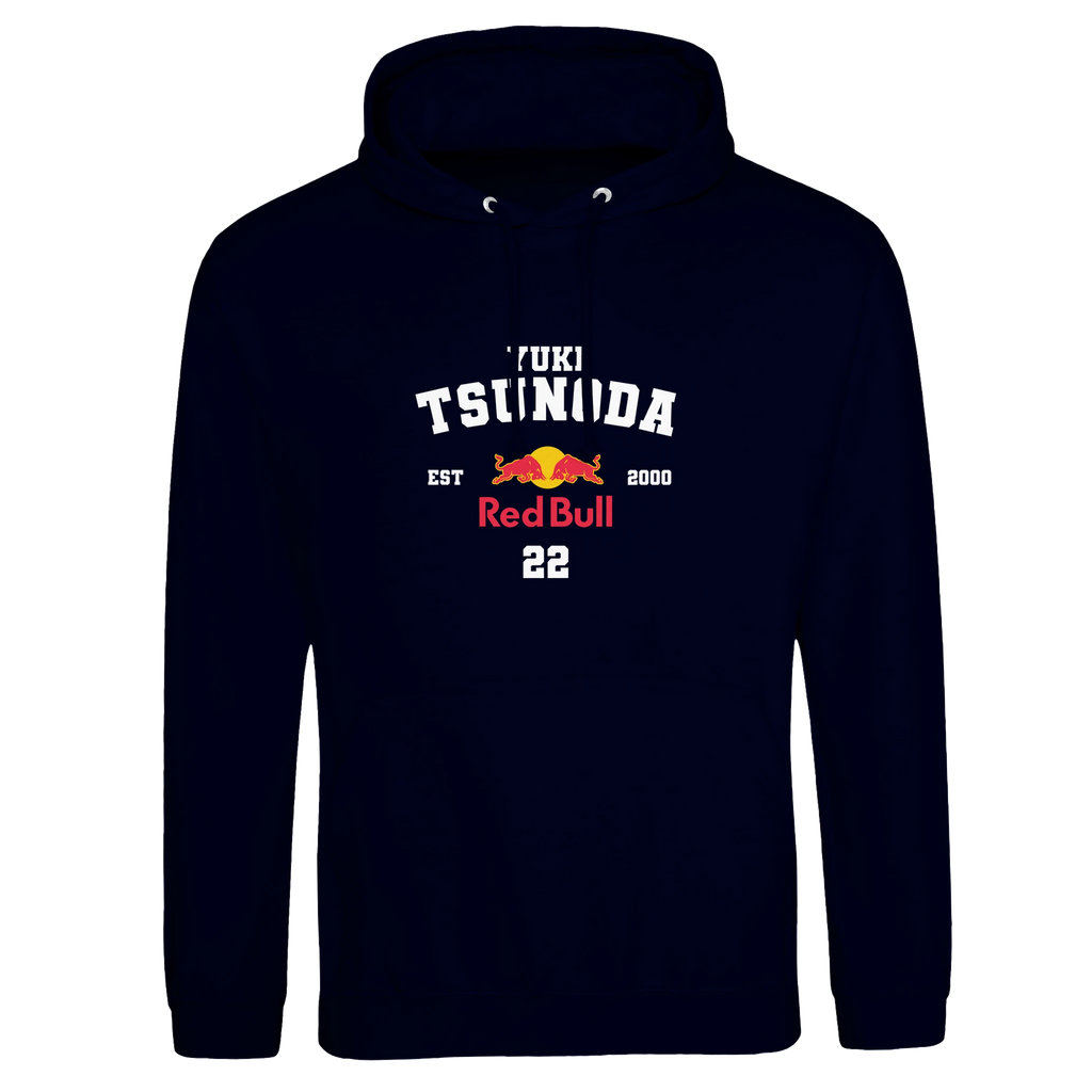 f111 merch oxford-navy color hoodie with tsunoda branding.