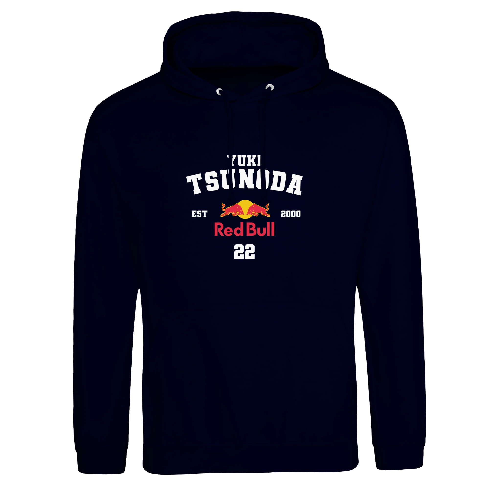 f111 merch oxford-navy color hoodie with tsunoda branding.
