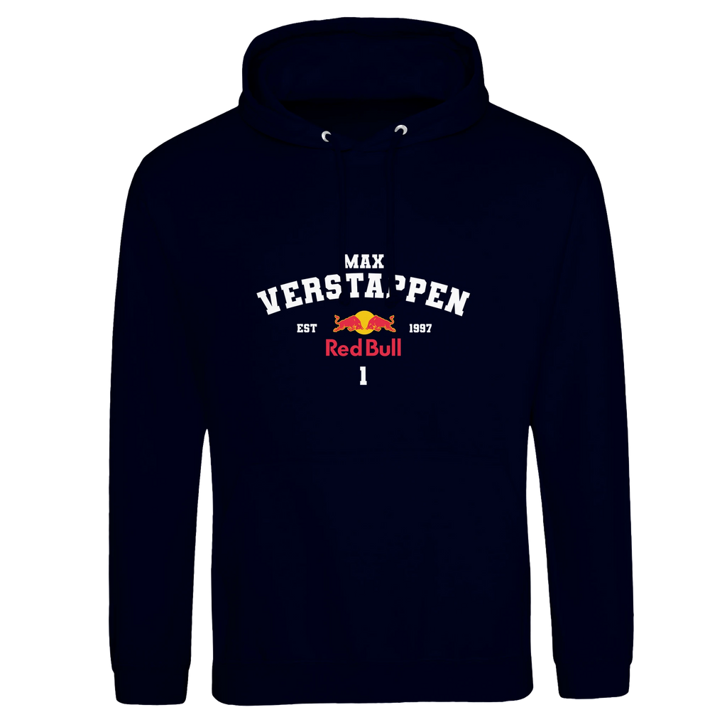 f111 merch oxford-navy color hoodie with verstappen branding.