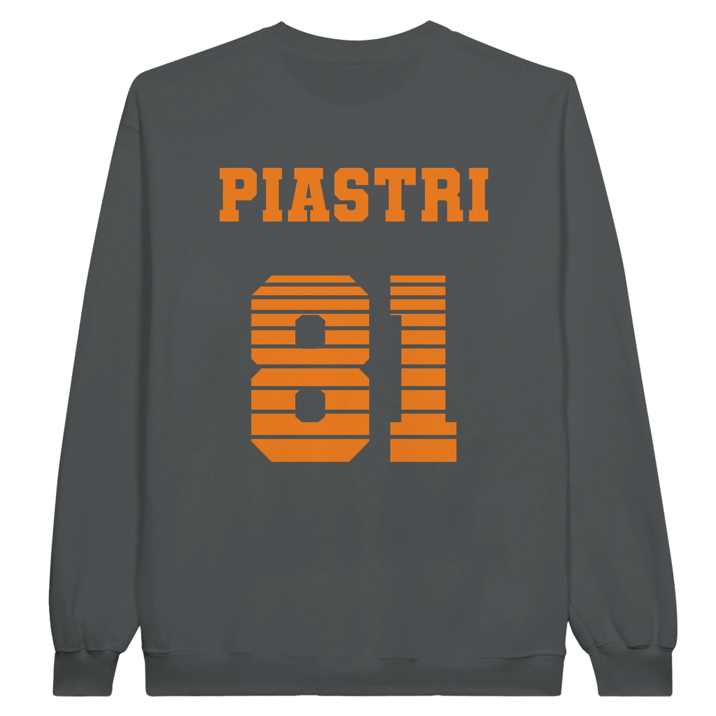 f111 merch charcoal color sweatshirt with oscar-piastri branding.