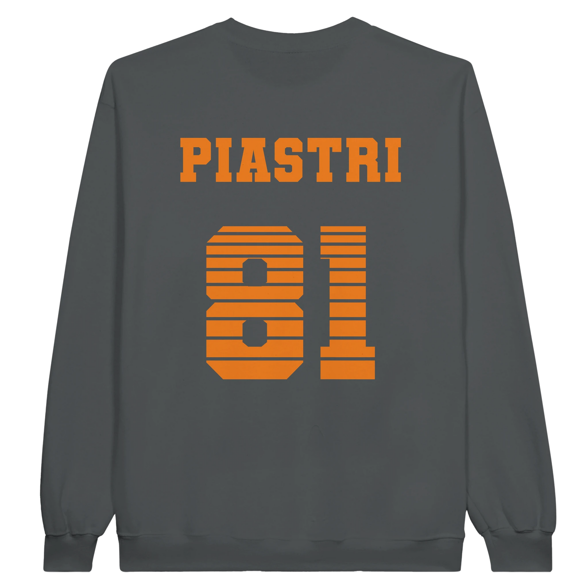 f111 merch charcoal color sweatshirt with oscar-piastri branding.