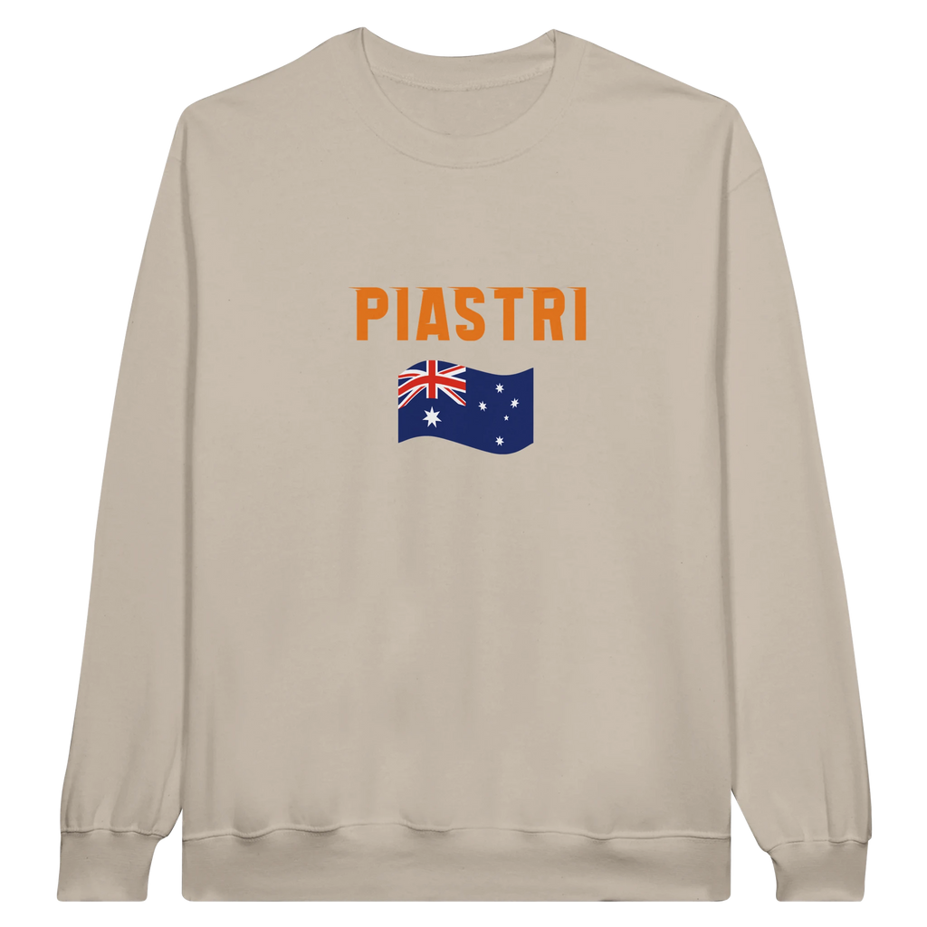 f111 merch sand color sweatshirt with oscar-piastri branding.