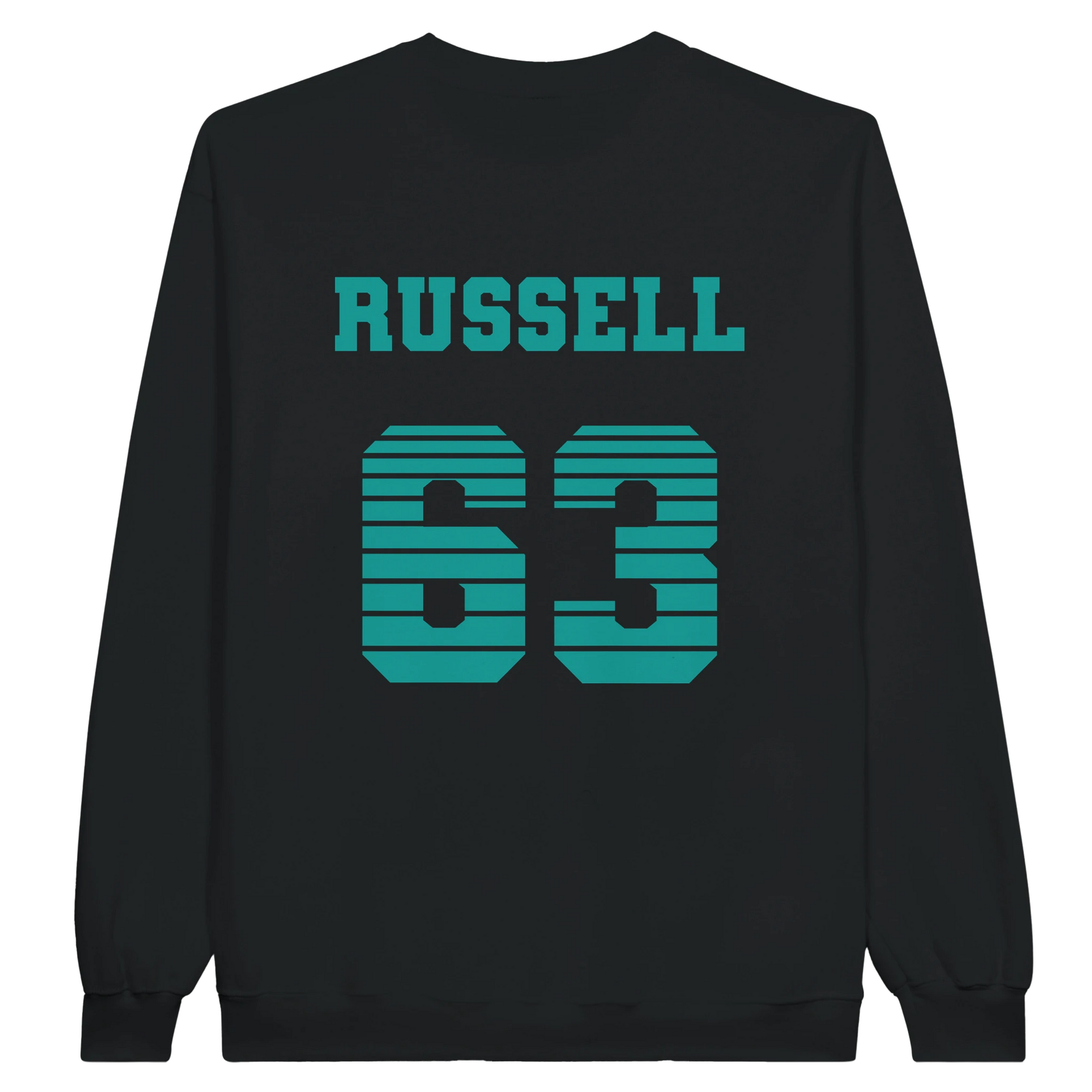 f111 merch black color sweatshirt1 with george-russell branding.