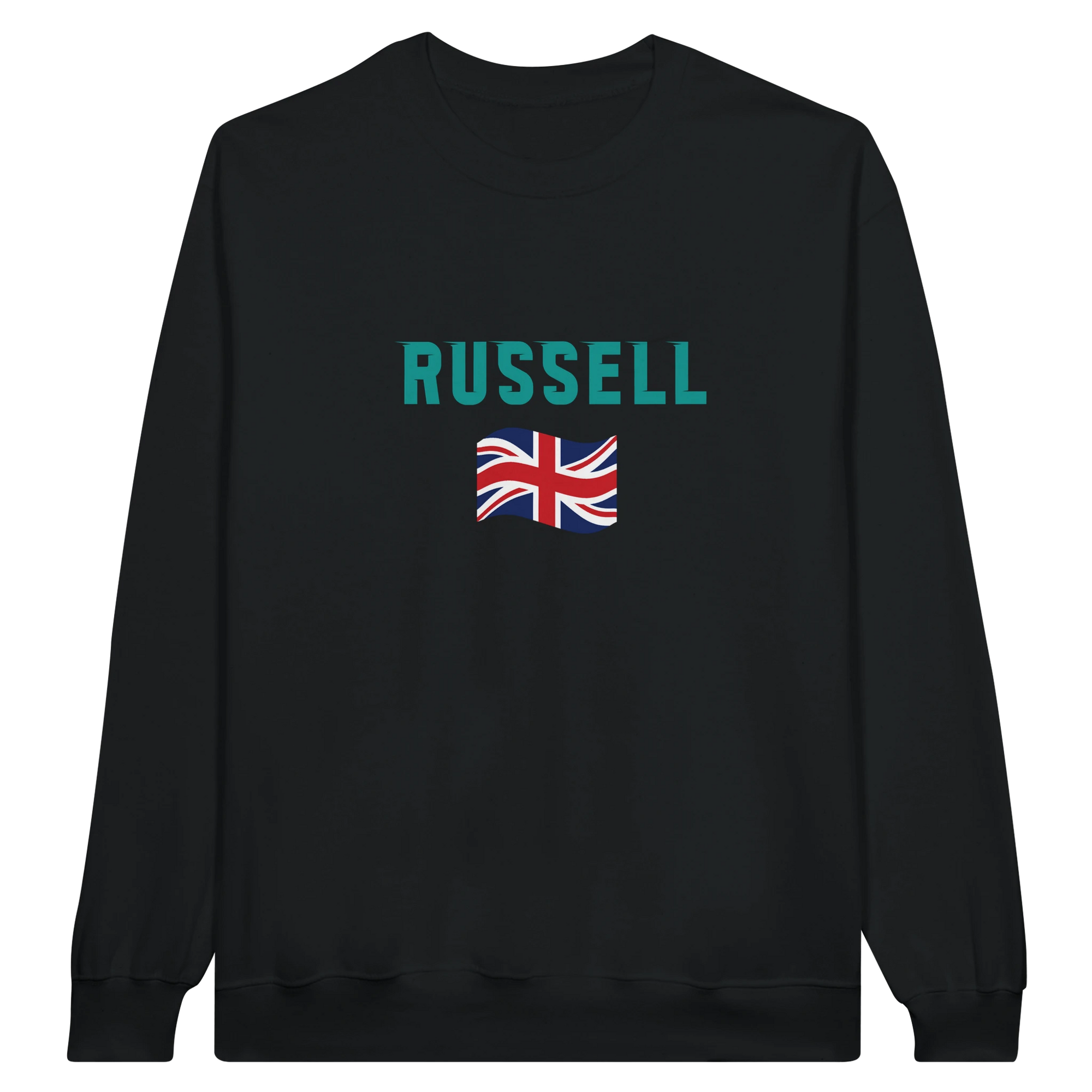 f111 merch black color sweatshirt1 with george-russell branding.