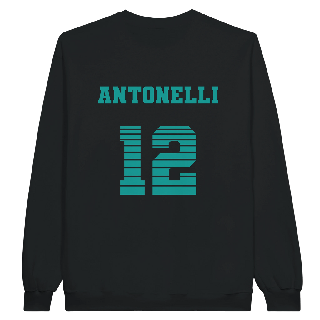 f111 merch black color sweatshirt1 with kimi-antonelli branding.