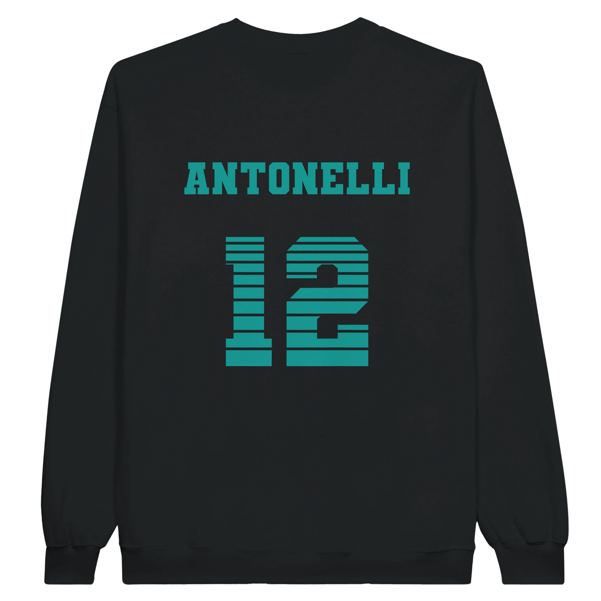 f111 merch black color sweatshirt1 with kimi-antonelli branding.