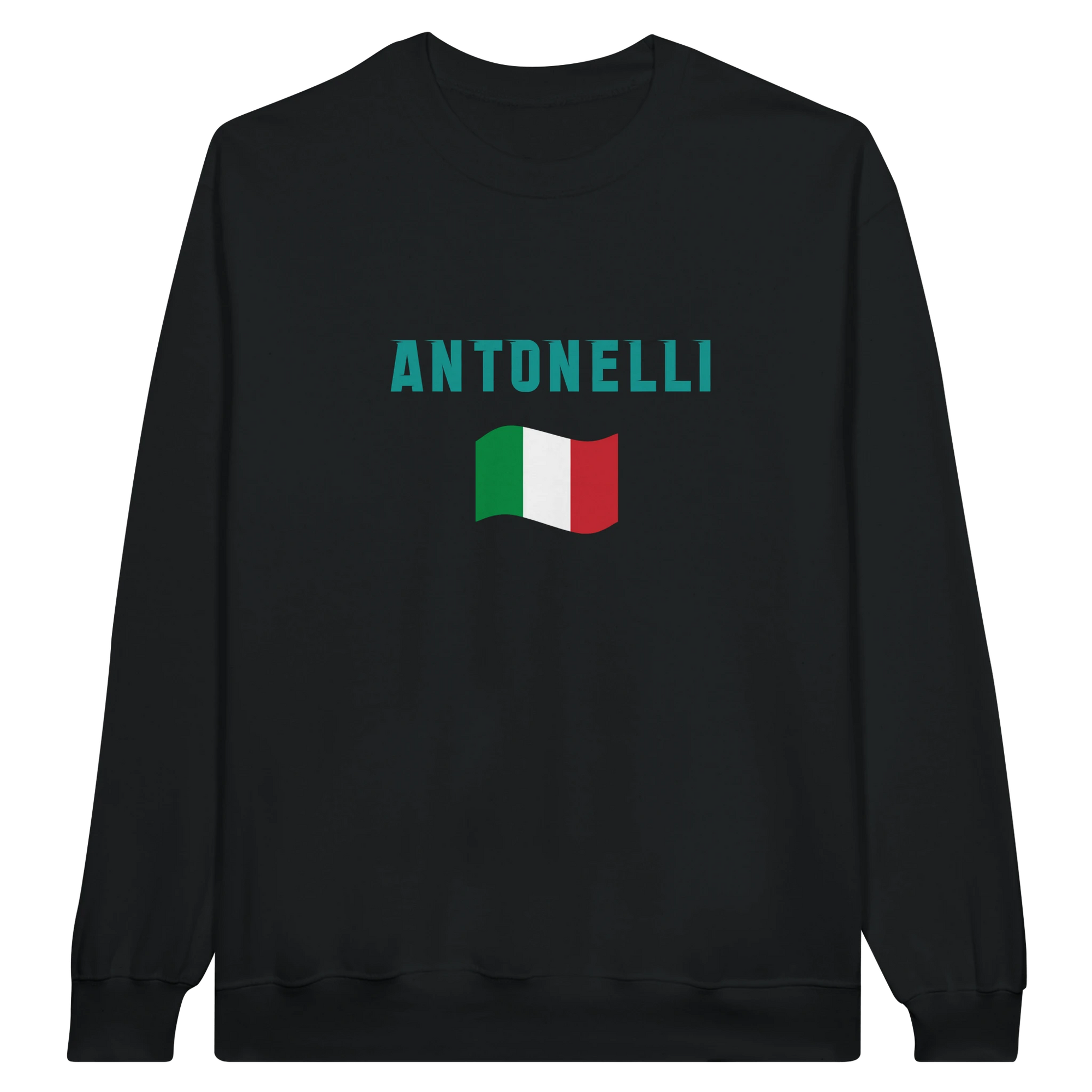 f111 merch black color sweatshirt1 with kimi-antonelli branding.
