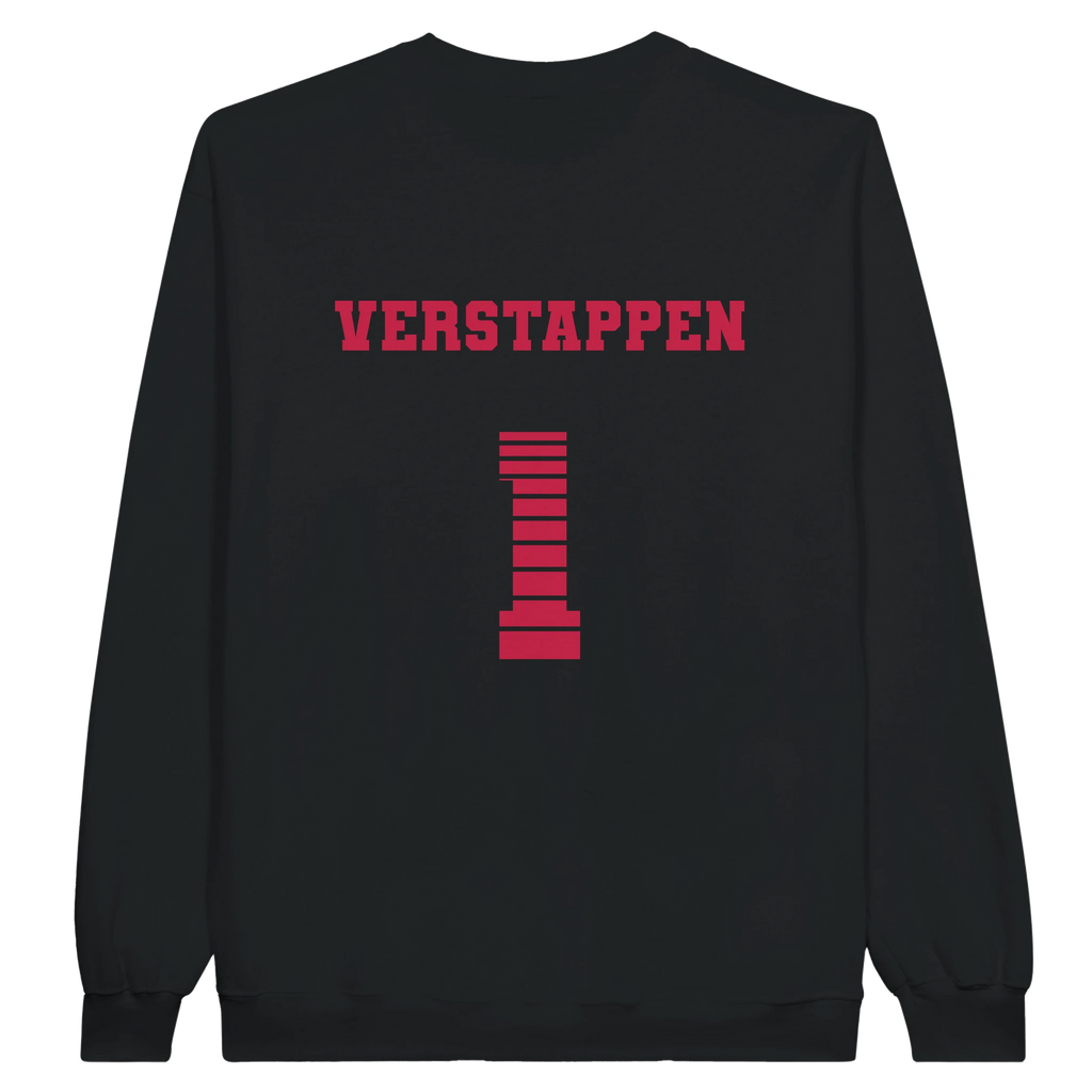 f111 merch black color sweatshirt1 with max-verstappen branding.