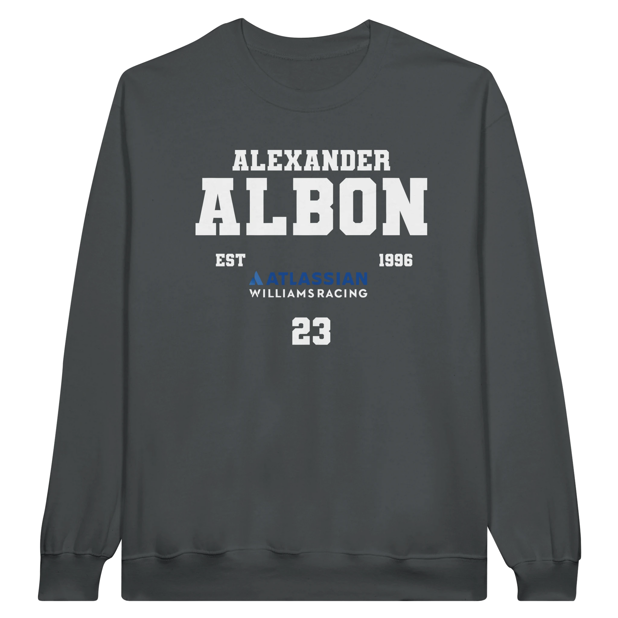 f111 merch charcoal color sweatshirt1 with alex-albon branding.