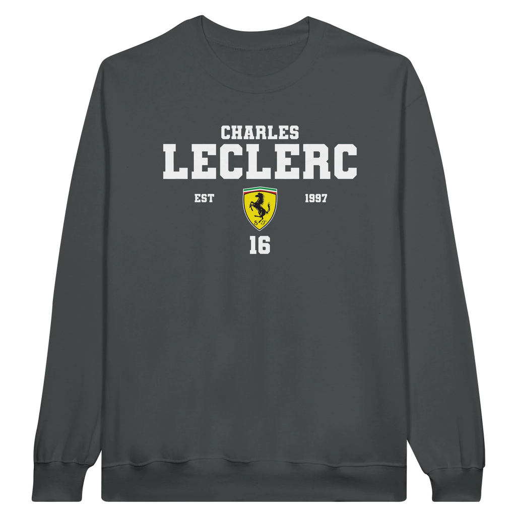 f111 merch charcoal color sweatshirt1 with charles-leclerc branding.