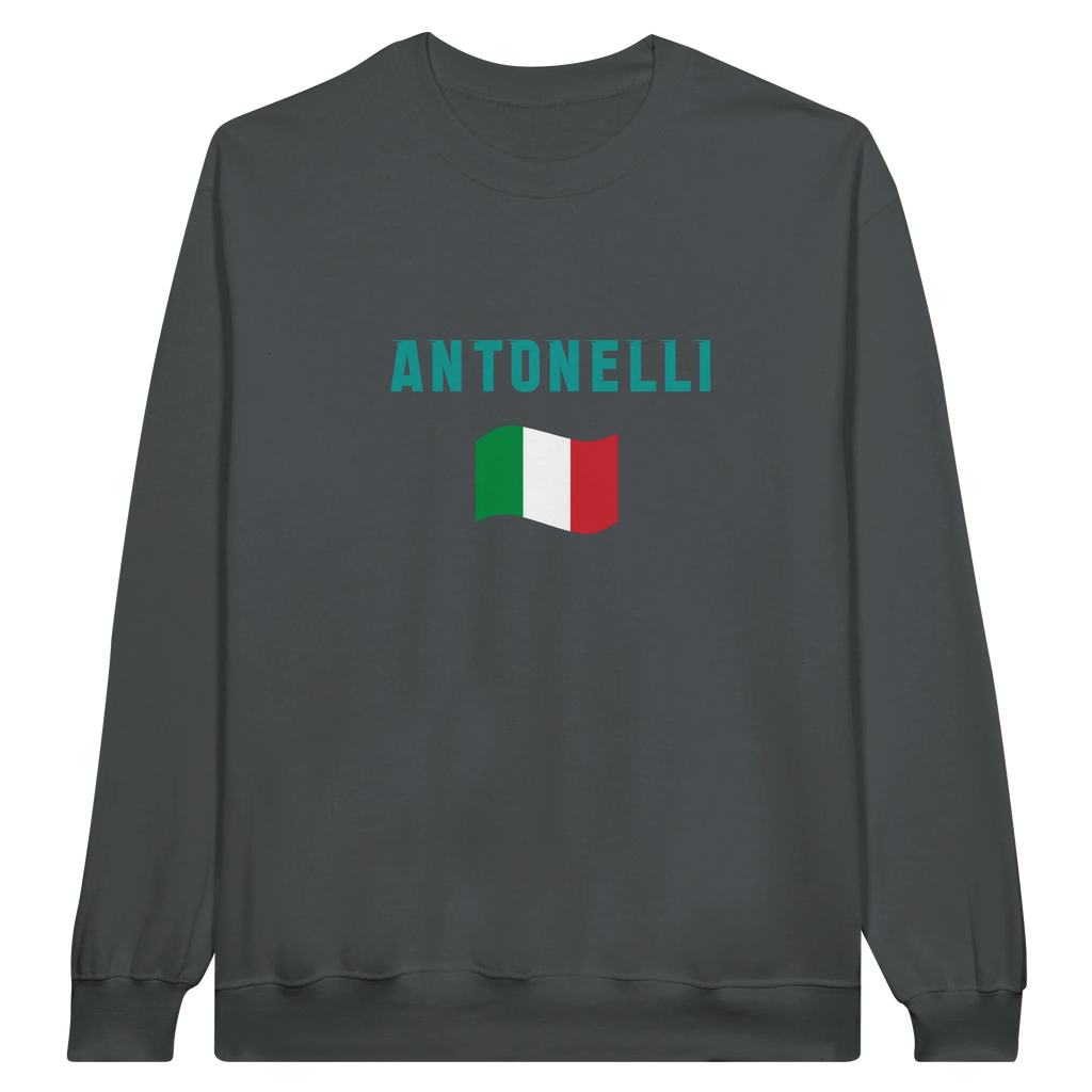 f111 merch charcoal color sweatshirt1 with kimi-antonelli branding.