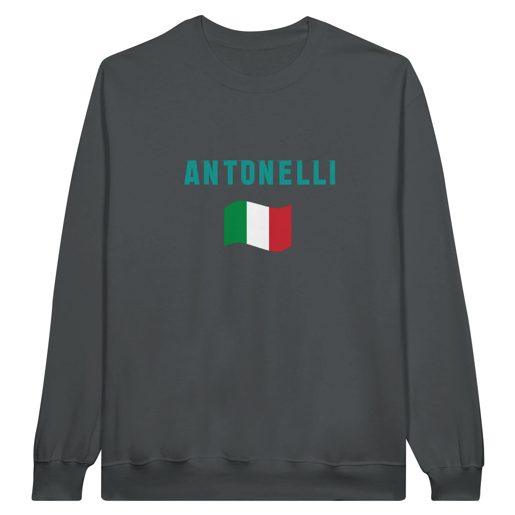 f111 merch charcoal color sweatshirt1 with kimi-antonelli branding.