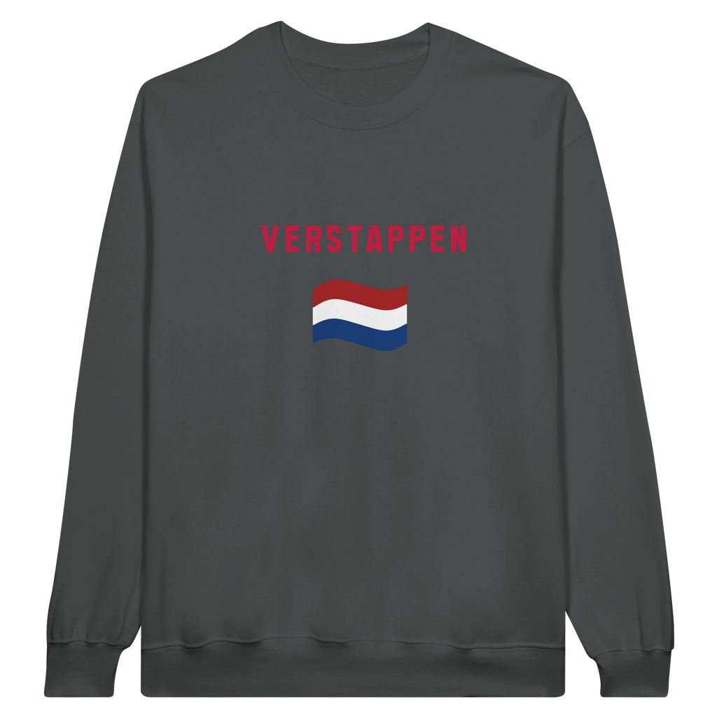 f111 merch charcoal color sweatshirt1 with max-verstappen branding.
