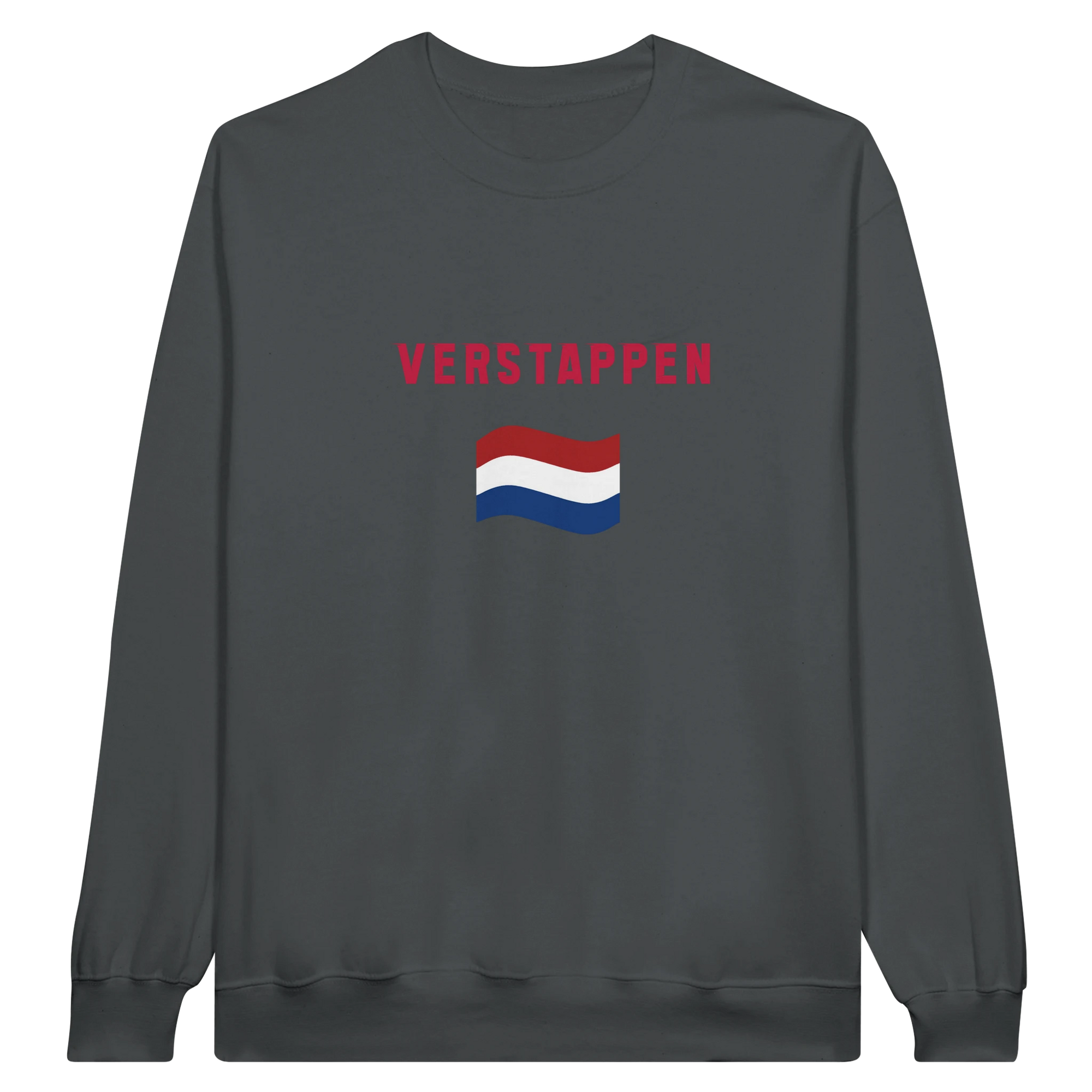 f111 merch charcoal color sweatshirt1 with max-verstappen branding.