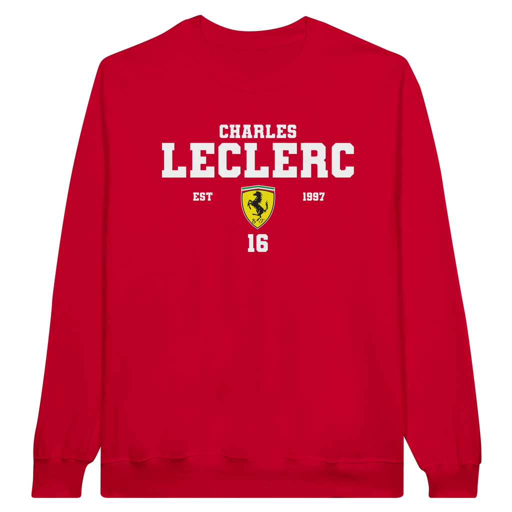 f111 merch red color sweatshirt1 with charles-leclerc branding.