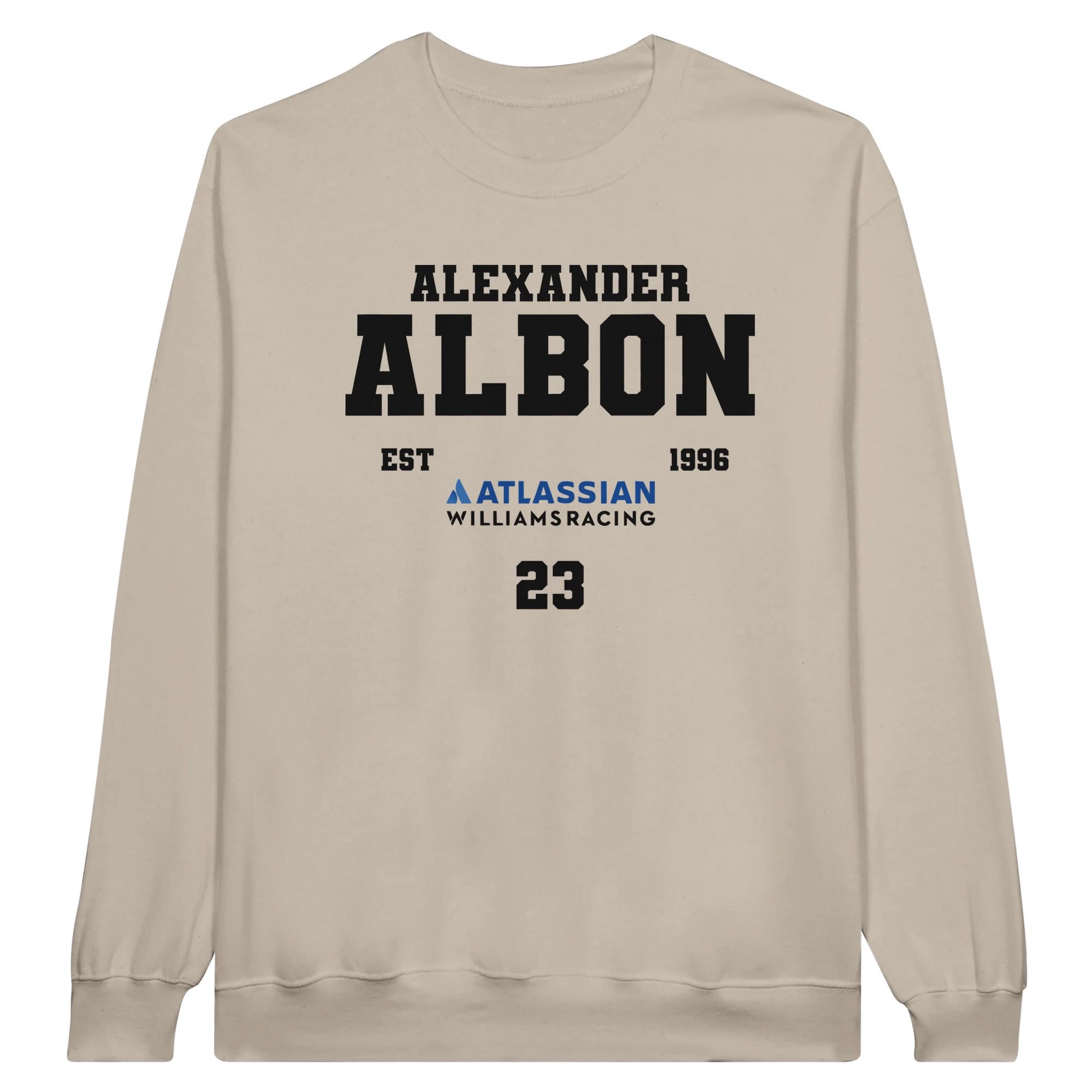 f111 merch sand color sweatshirt1 with alex-albon branding.