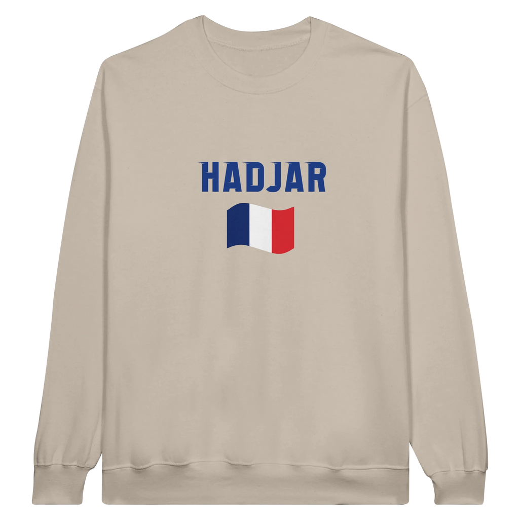 f111 merch sand color sweatshirt1 with isack-hadjar branding.