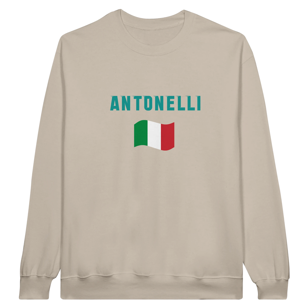 f111 merch sand color sweatshirt1 with kimi-antonelli branding.