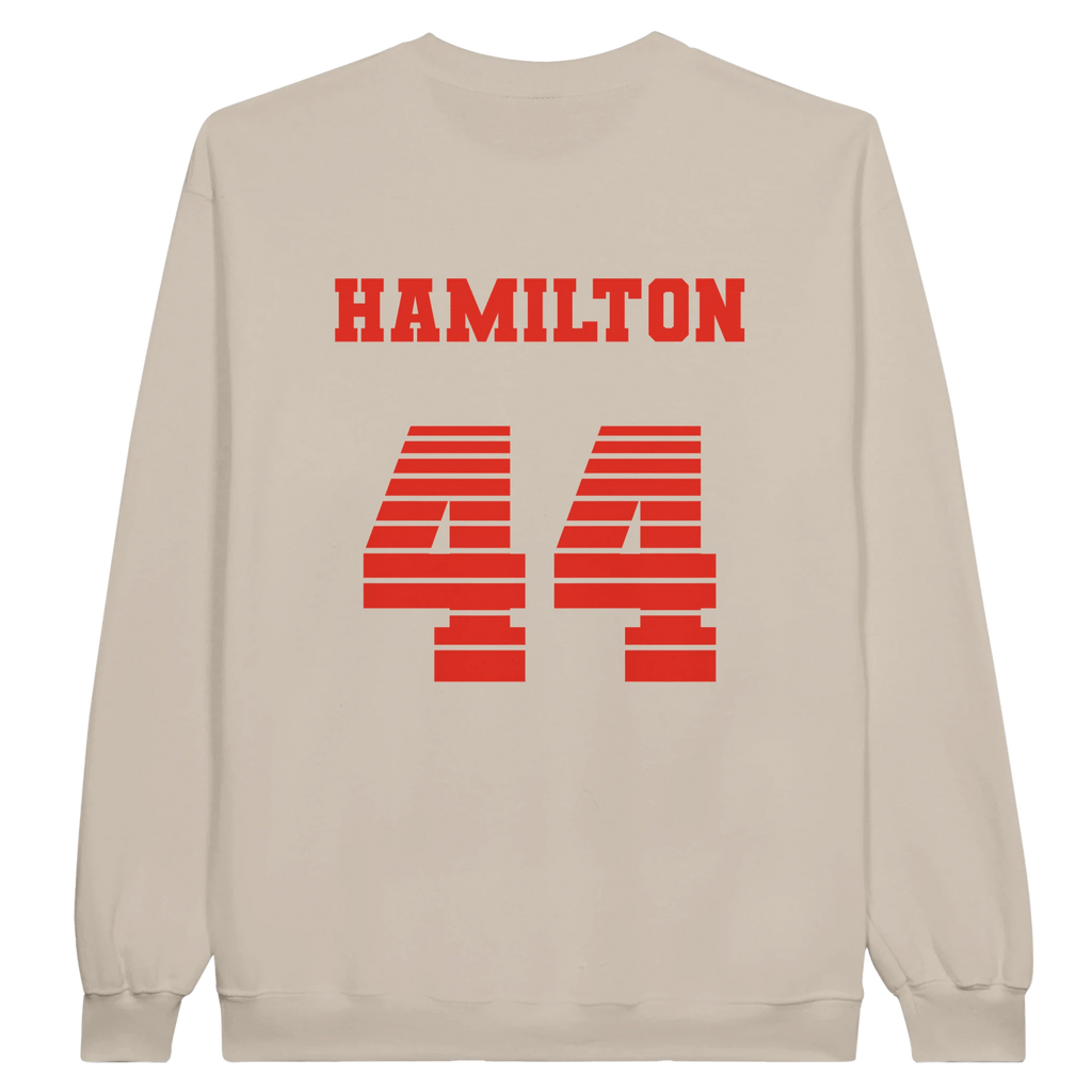 f111 merch sand color sweatshirt1 with lewis-hamilton branding.