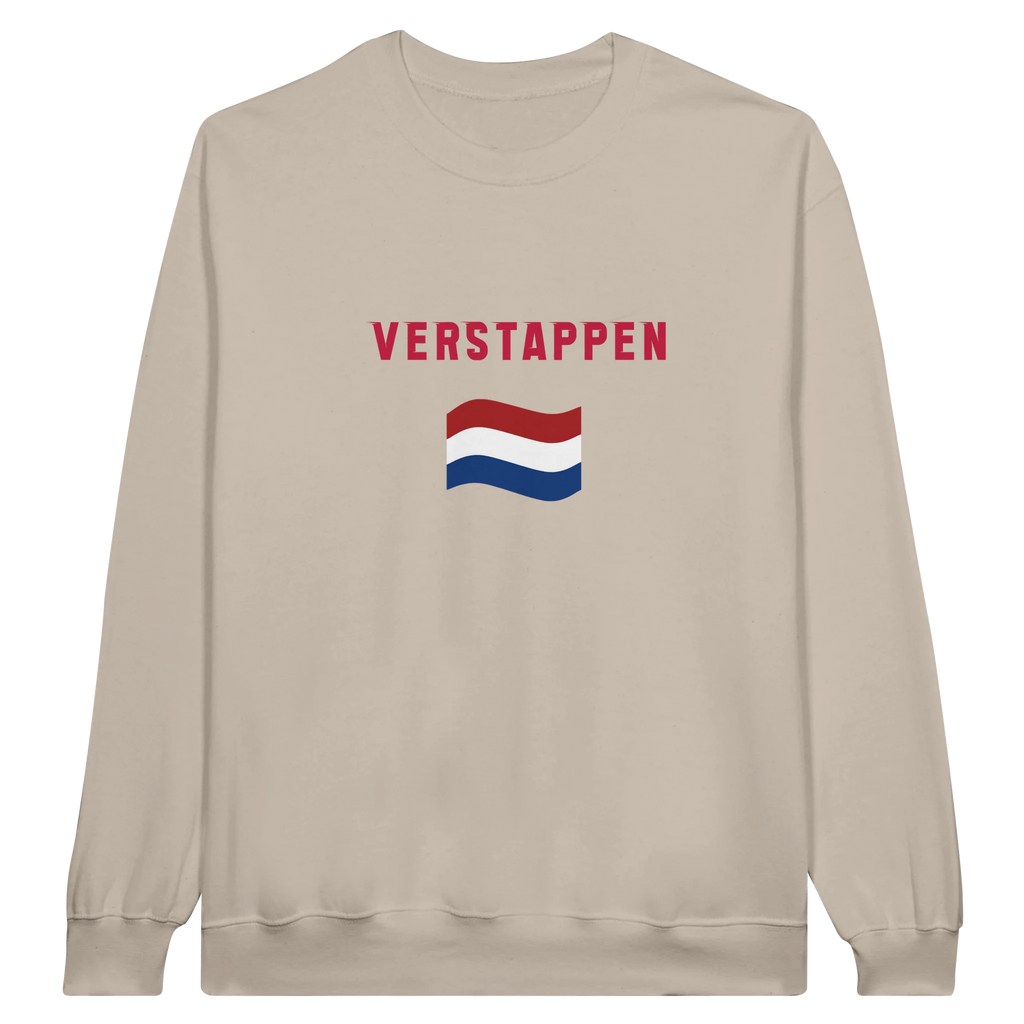 f111 merch sand color sweatshirt1 with max-verstappen branding.