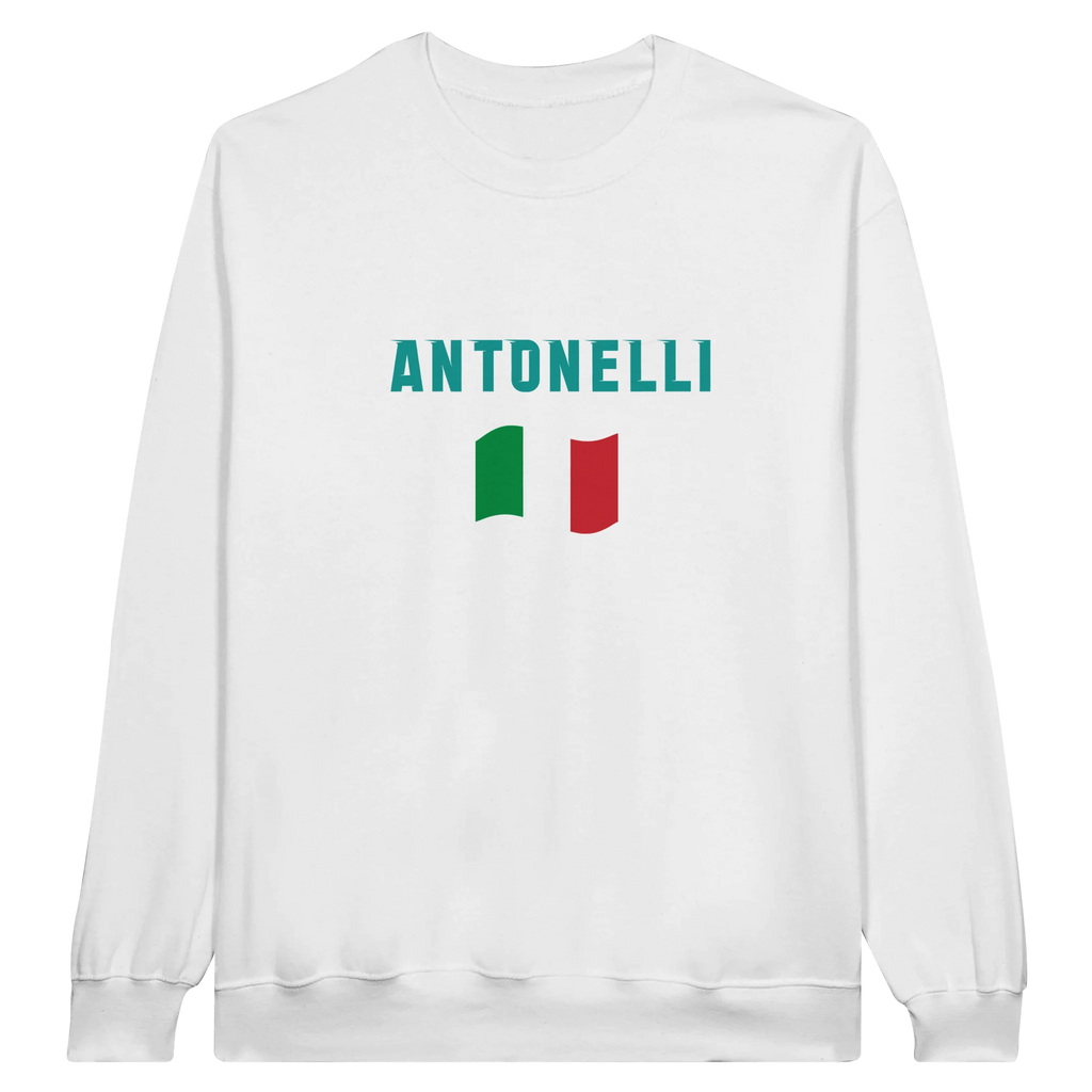f111 merch white color sweatshirt1 with kimi-antonelli branding.