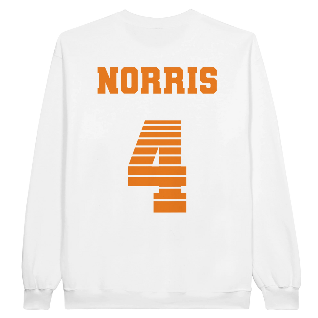 f111 merch white color sweatshirt1 with lando-norris branding.