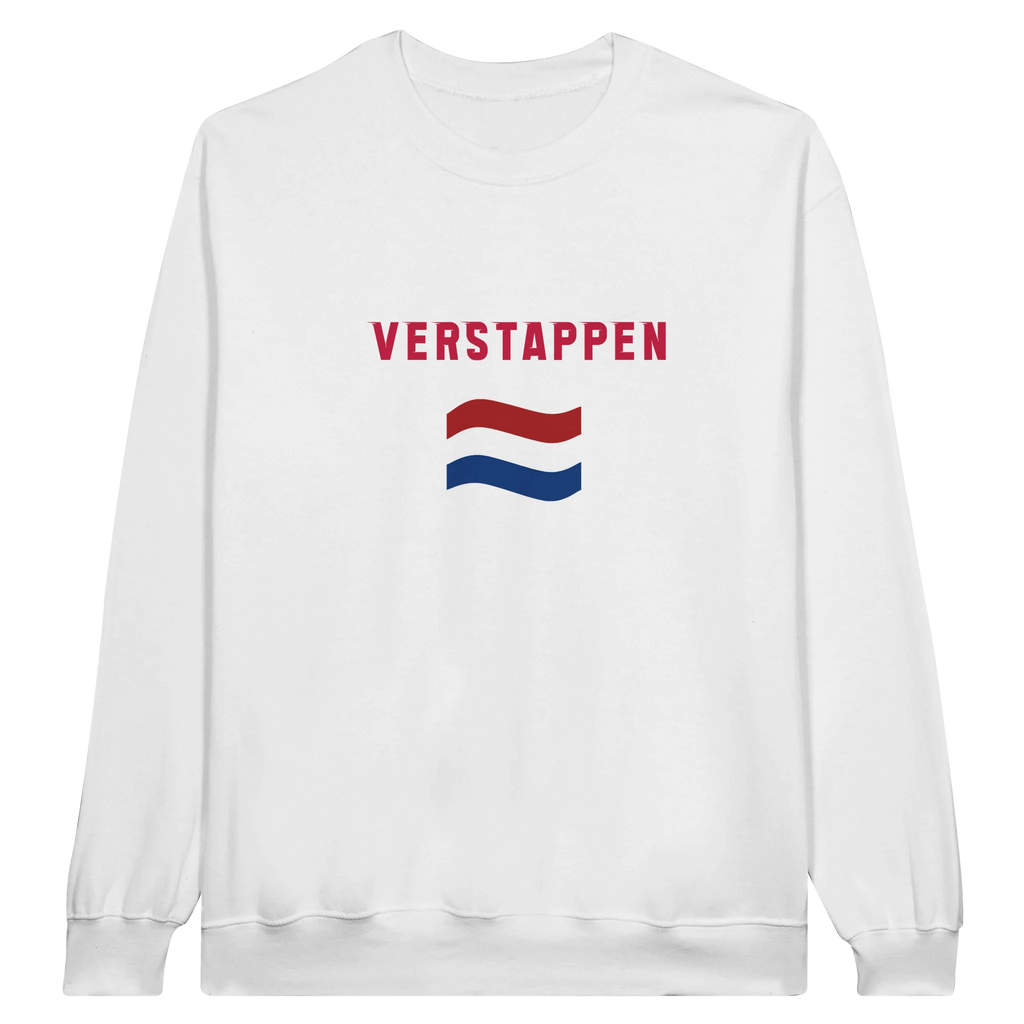 f111 merch white color sweatshirt1 with max-verstappen branding.