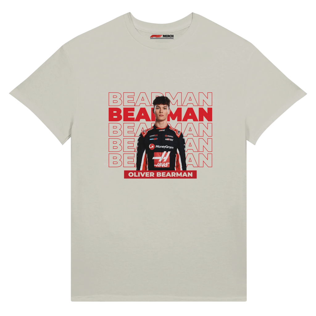 f111 merch ash color t-shirt with bearman branding.