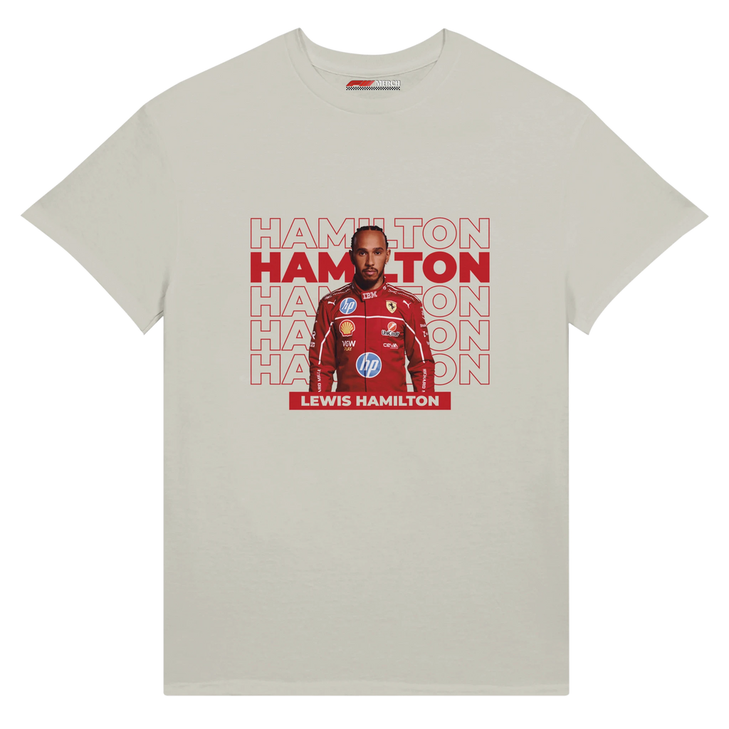 f111 merch ash color t-shirt with hamilton branding.