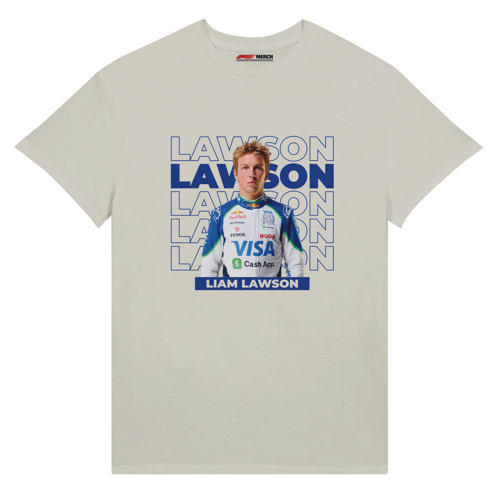 f111 merch ash color t-shirt with lawson branding.