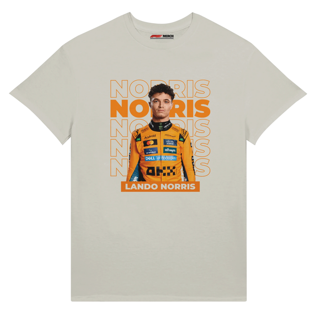 f111 merch ash color t-shirt with norris branding.