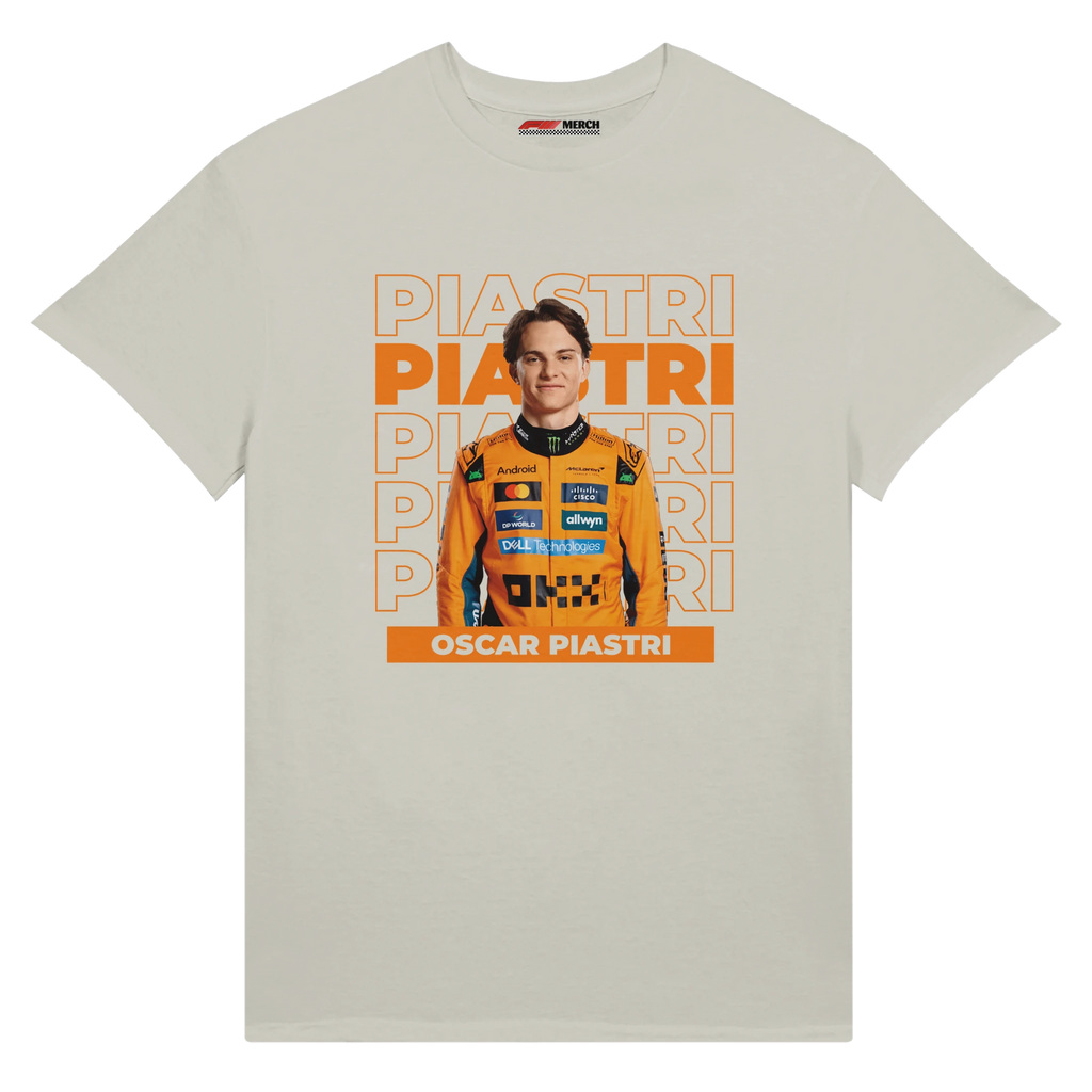 f111 merch ash color t-shirt with piastri branding.