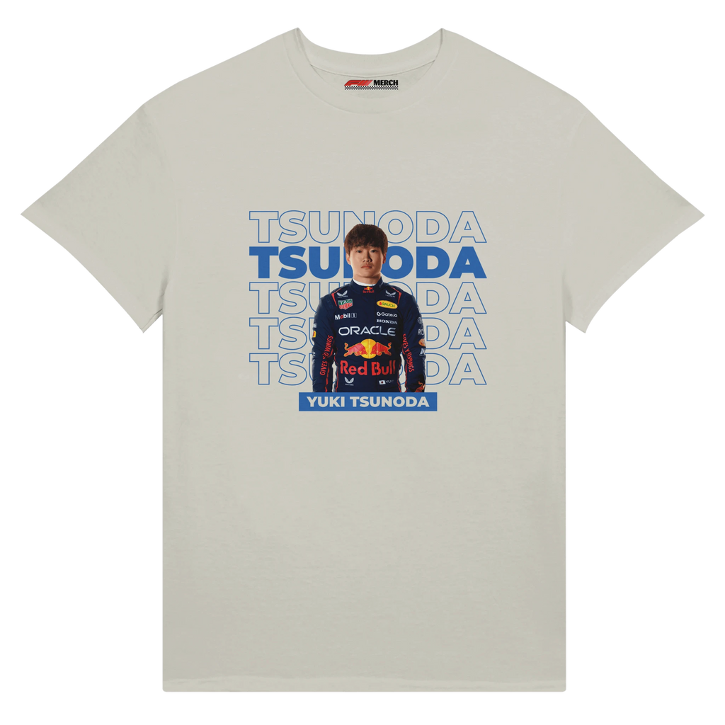 f111 merch ash color t-shirt with tsunoda branding.