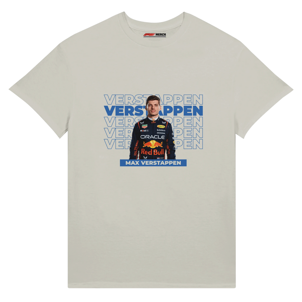 f111 merch ash color t-shirt with verstappen branding.
