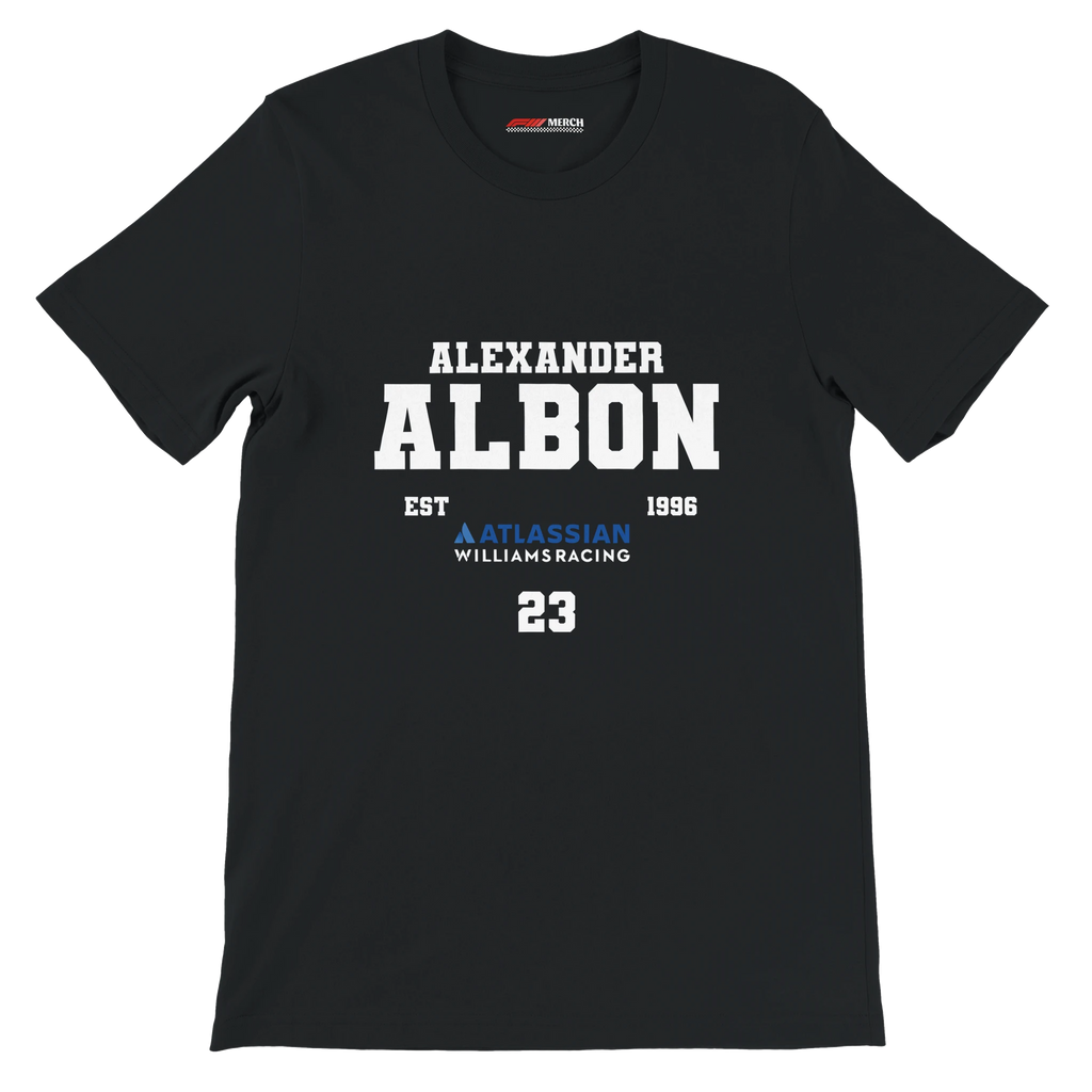 f111 merch black color t-shirt with alex-albon branding.