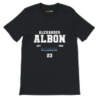 f111 merch black color t-shirt with alex-albon branding.