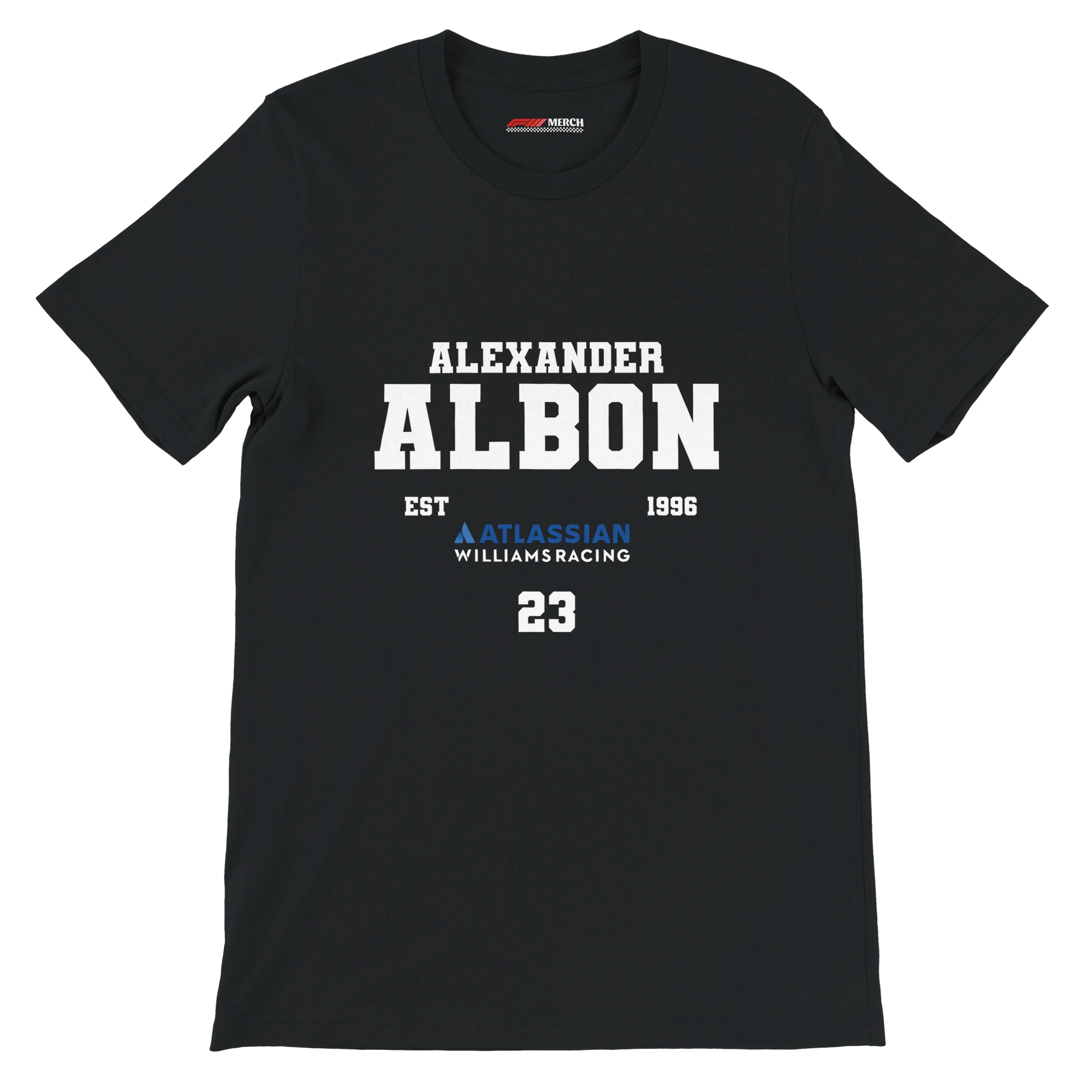 f111 merch black color t-shirt with alex-albon branding.