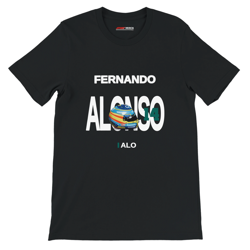 f111 merch black color t-shirt with alonso branding.