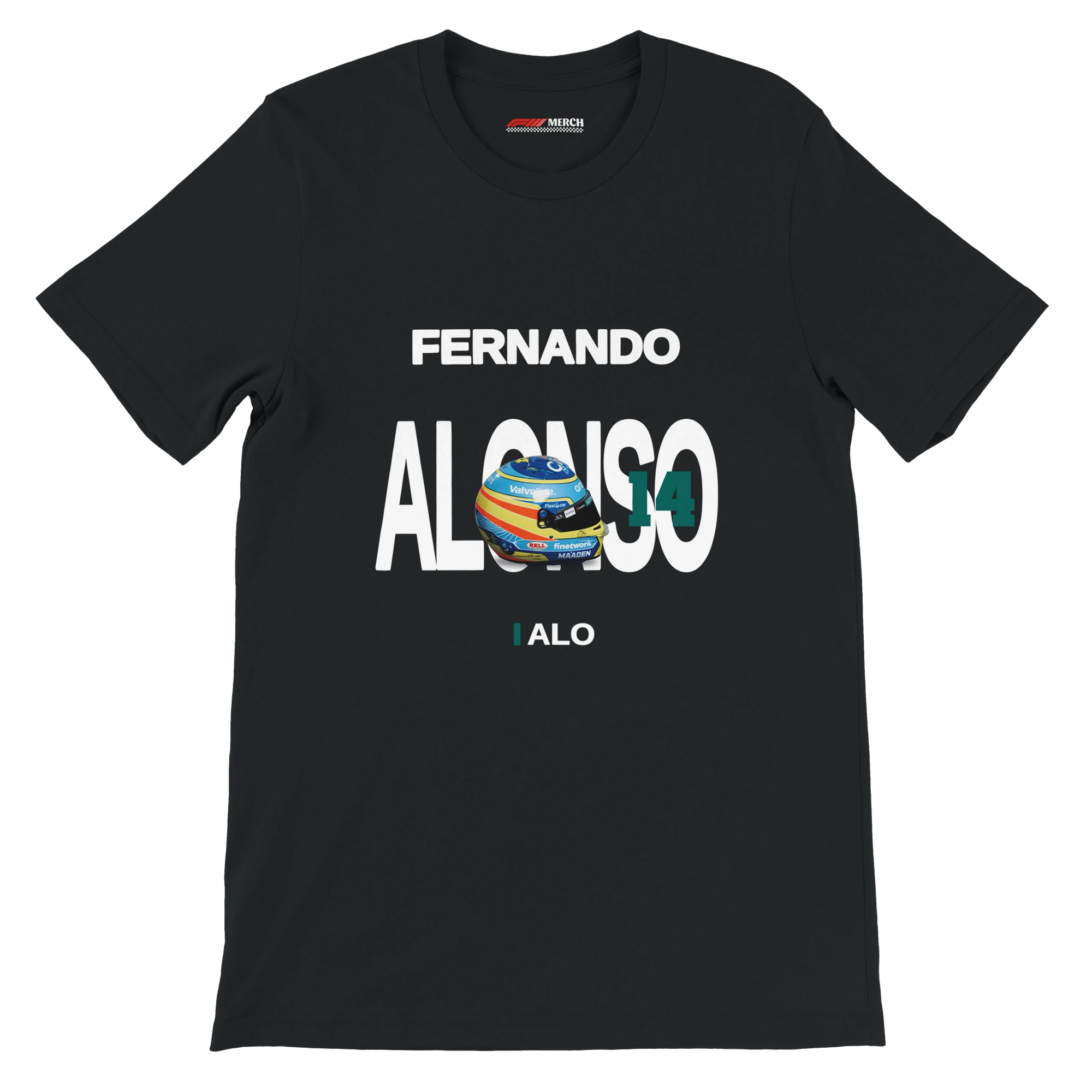 f111 merch black color t-shirt with alonso branding.