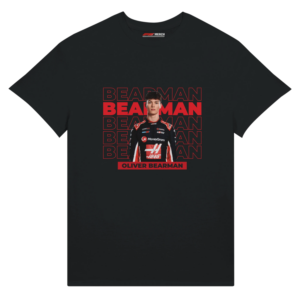 f111 merch black color t-shirt with bearman branding.