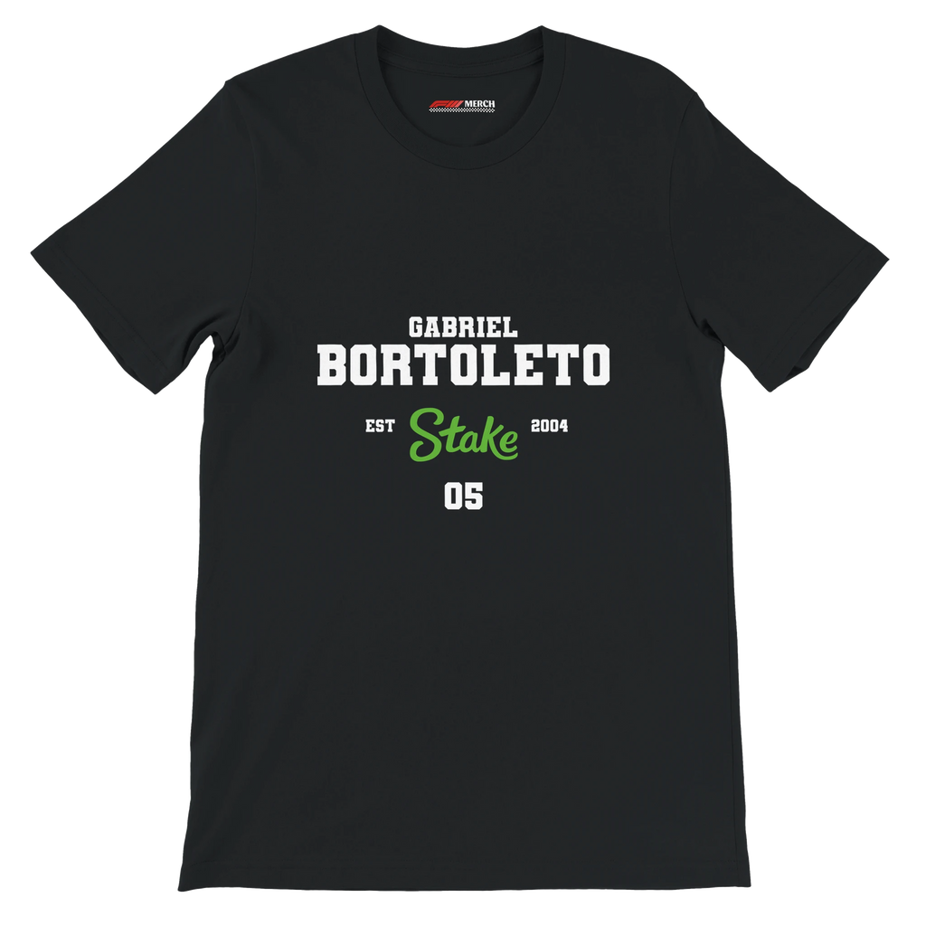 f111 merch black color t-shirt with bortoleto branding.