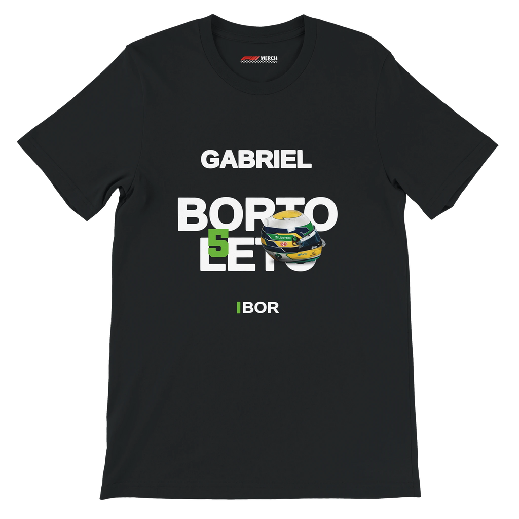 f111 merch black color t-shirt with bortoleto branding.