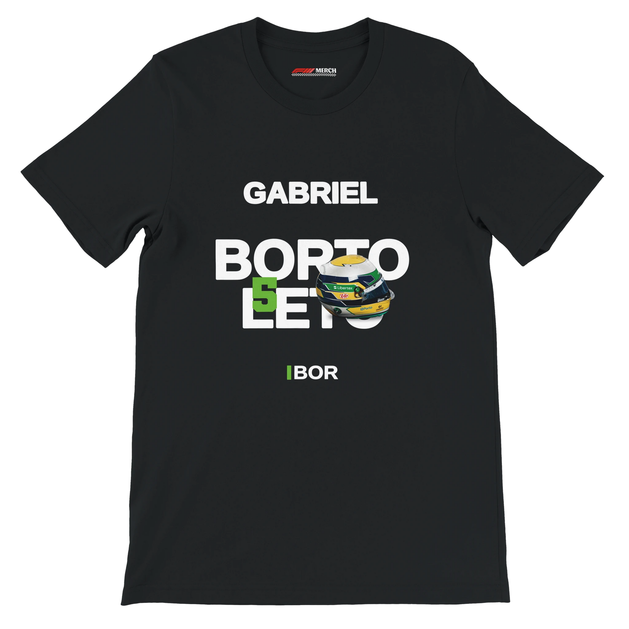 f111 merch black color t-shirt with bortoleto branding.