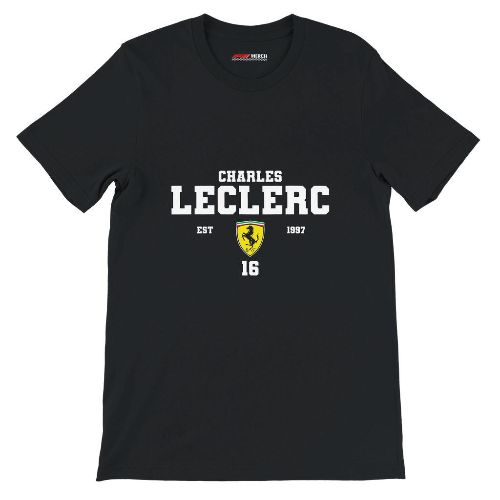 f111 merch black color t-shirt with charles-leclerc branding.