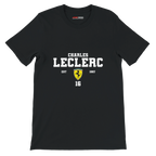 f111 merch black color t-shirt with charles-leclerc branding.