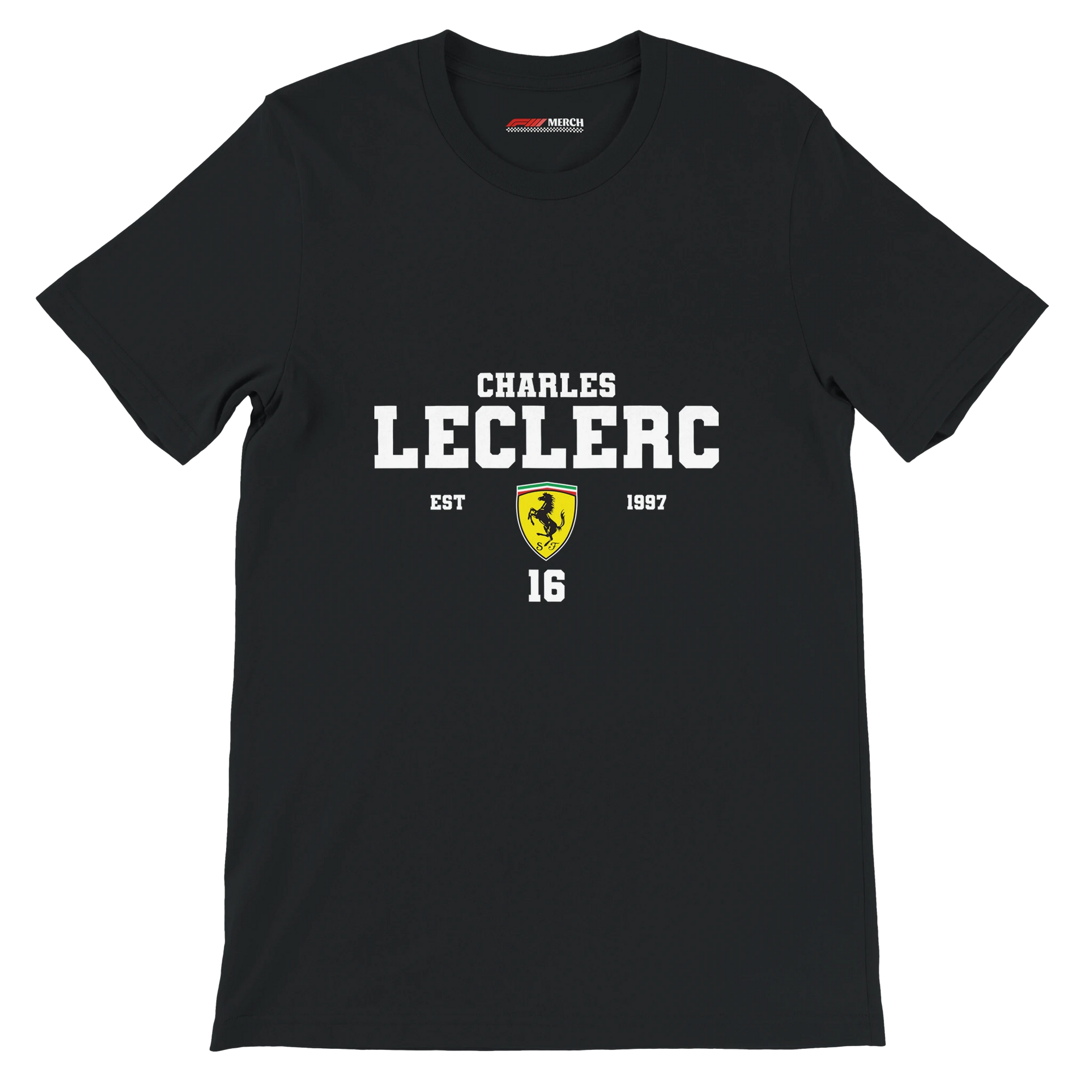 f111 merch black color t-shirt with charles-leclerc branding.