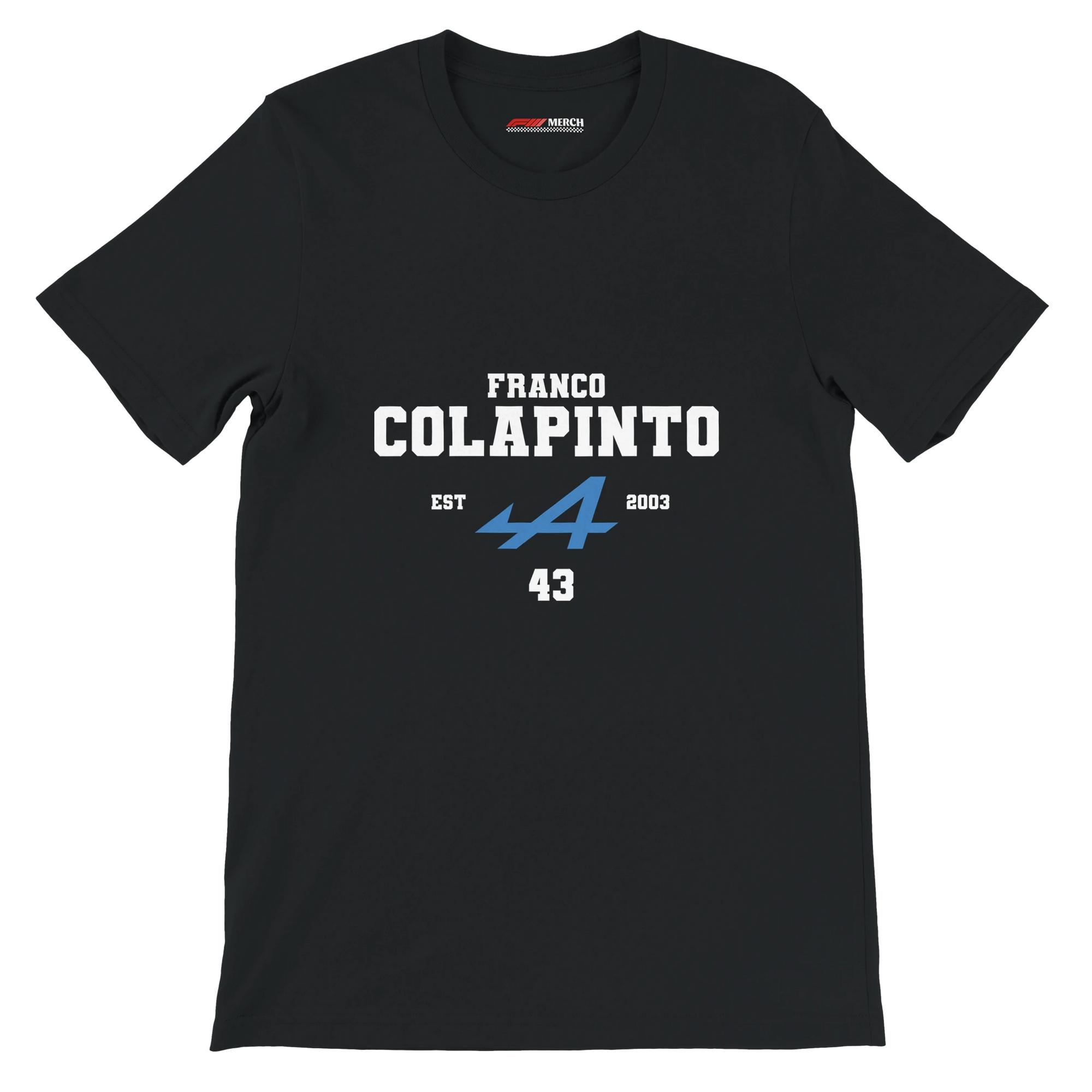 f111 merch black color t-shirt with colapinto branding.