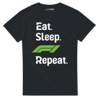 f111 merch black color t-shirt with eat-sleep-f1-repeat-green branding.