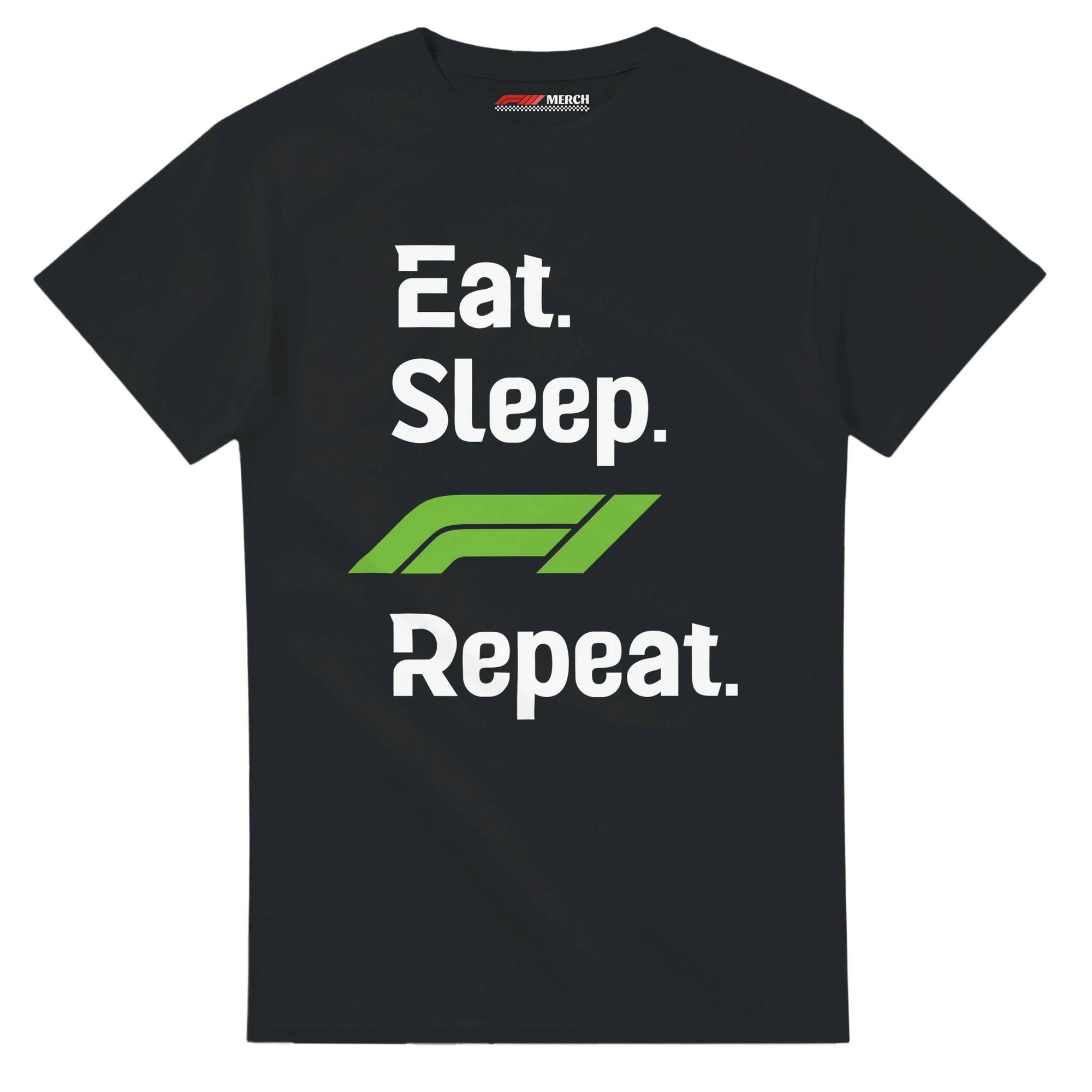 f111 merch black color t-shirt with eat-sleep-f1-repeat-green branding.