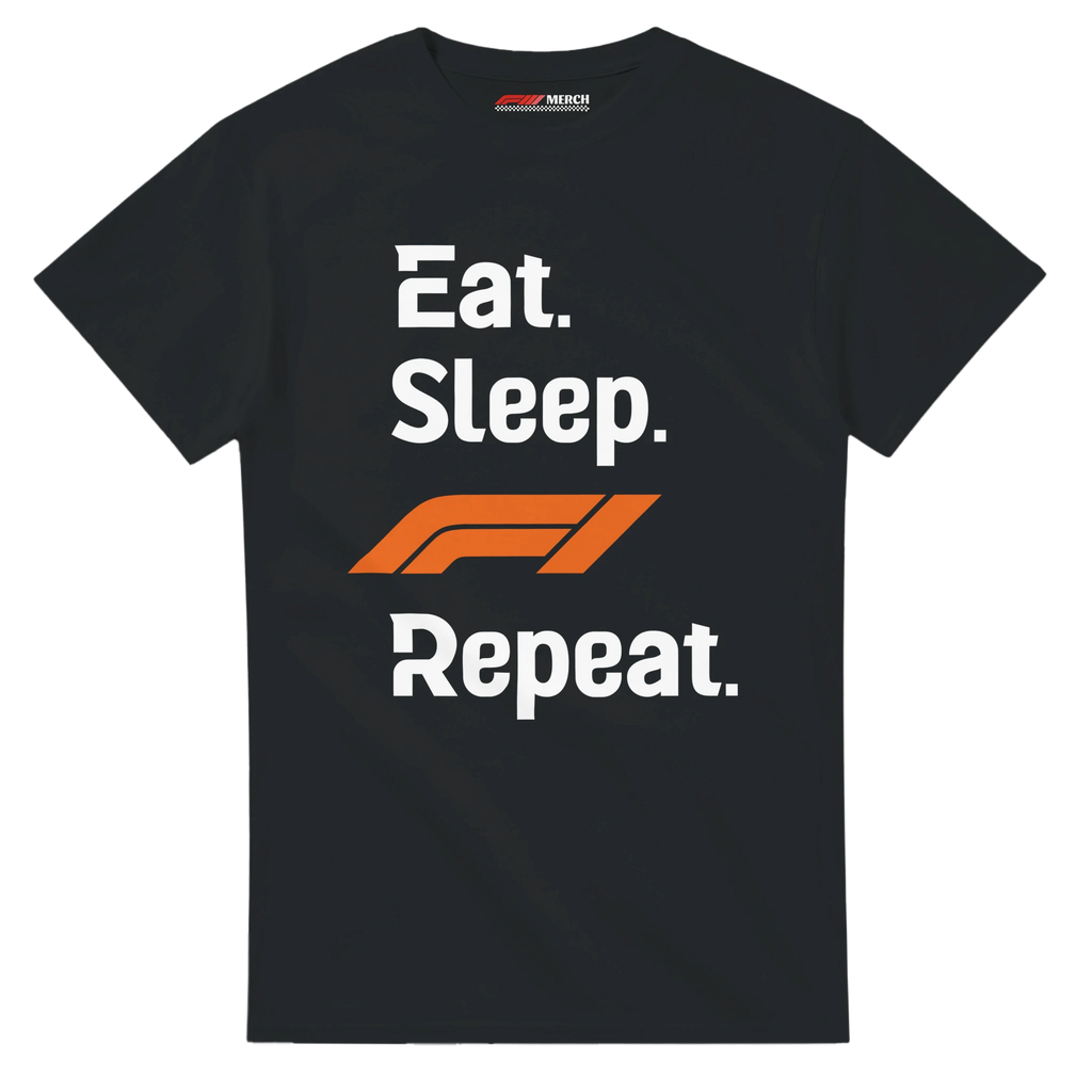 f111 merch black color t-shirt with eat-sleep-f1-repeat-orange branding.